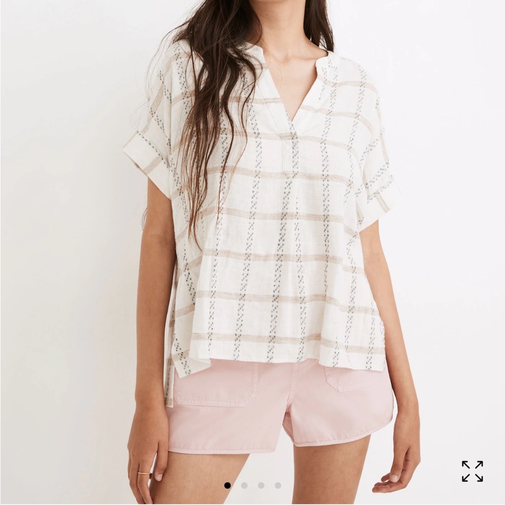 Madewell Linen Blend Windowpane  Popover Blouse Women Size S Cream